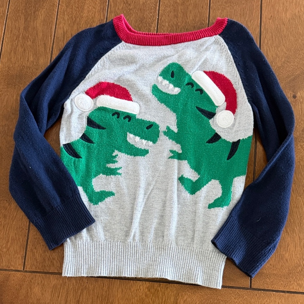 Dinosaur Christmas Sweater with Navy Sleeves